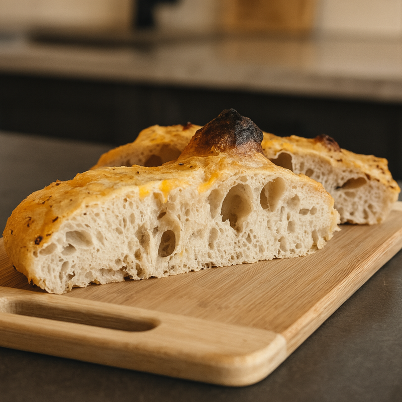 bread sliced in half on wooden cutting board