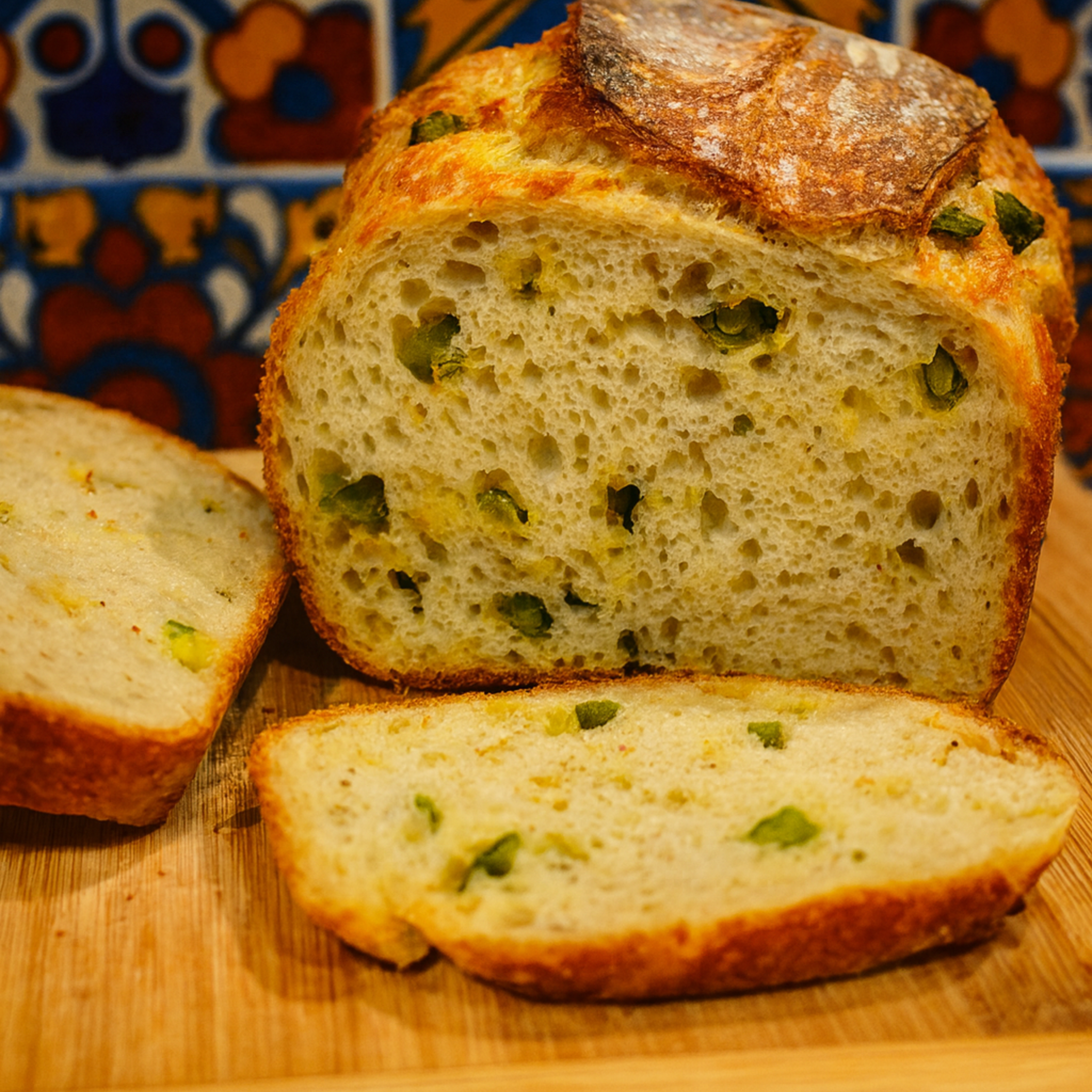 Loaf of bread with green herbs on a wooden cutting board against a colorful tile background