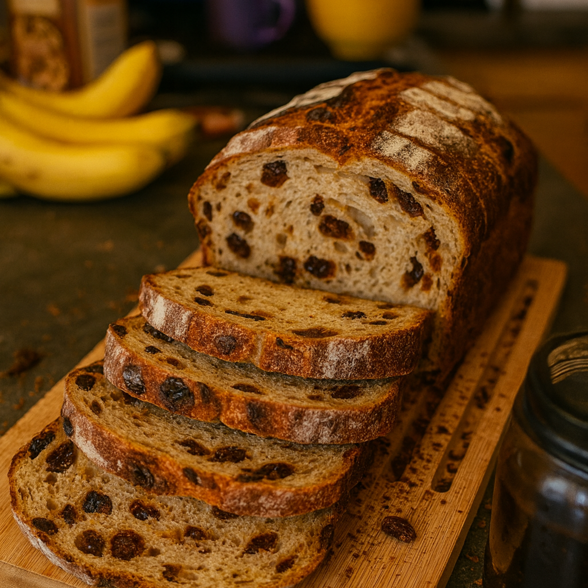 loaf of bread with cinnamon and raisins in it sitting on a cluttered counter