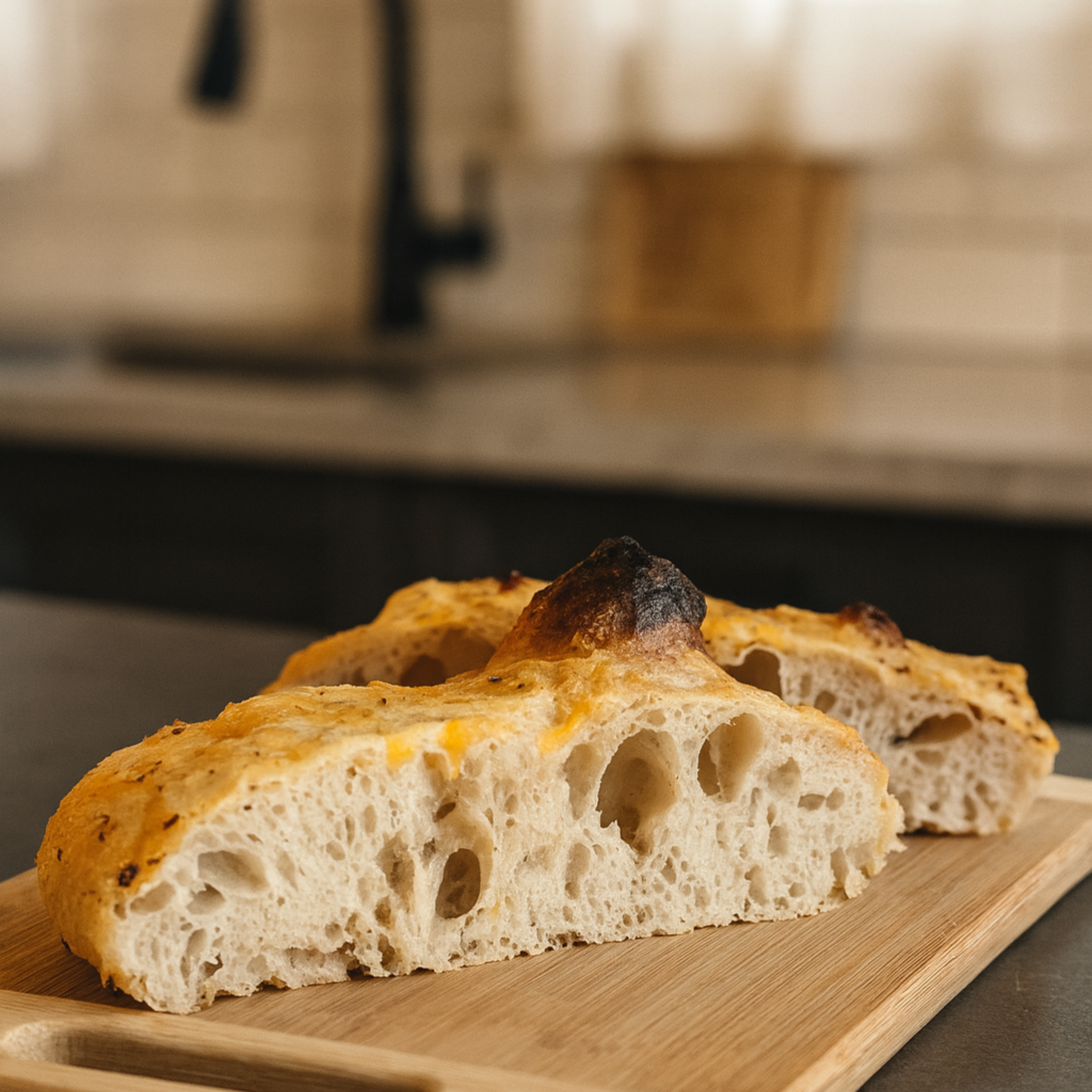 Two slices of bread on a wooden cutting board with a blurred kitchen background