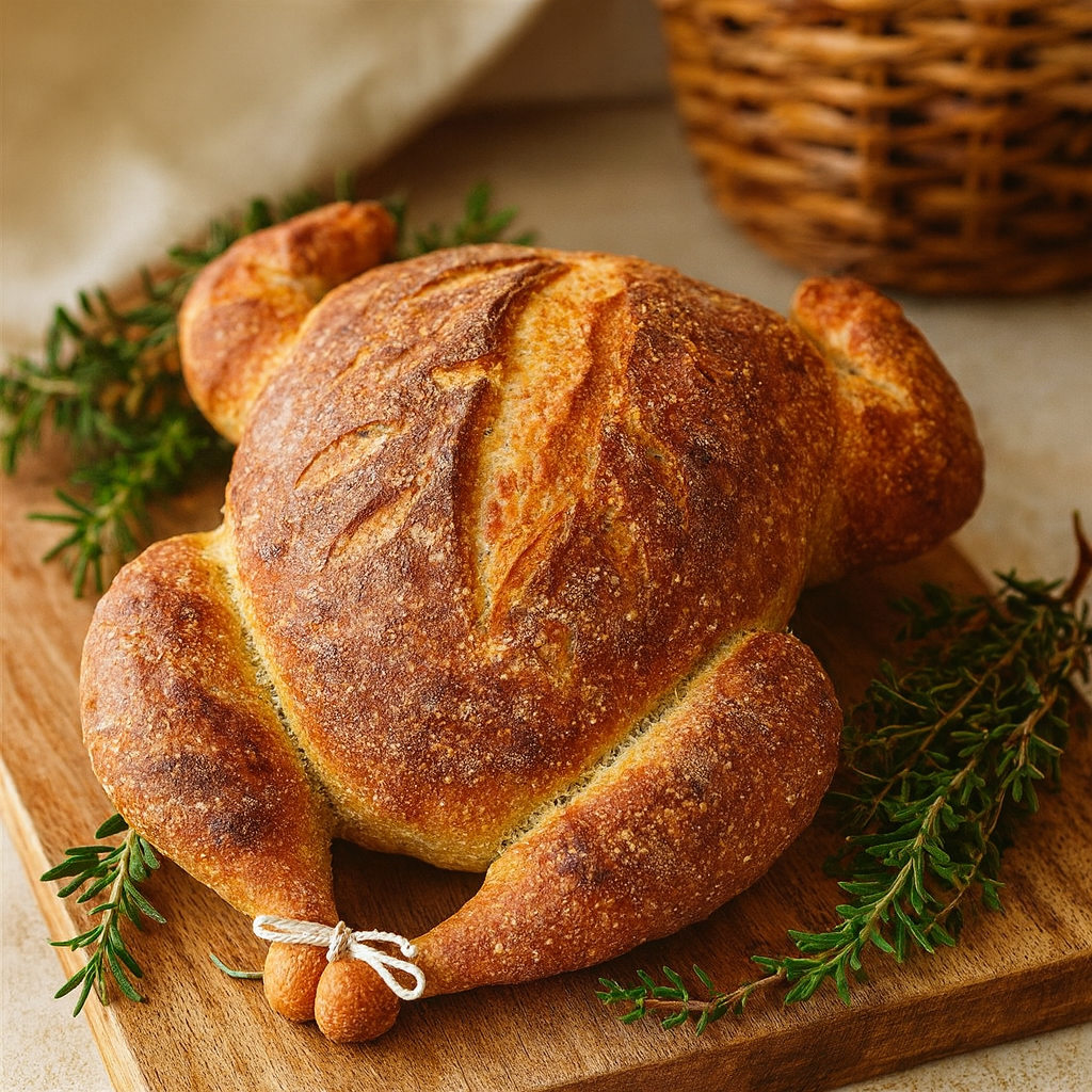 Loaf of bread shaped like a chicken on a wooden board with herbs